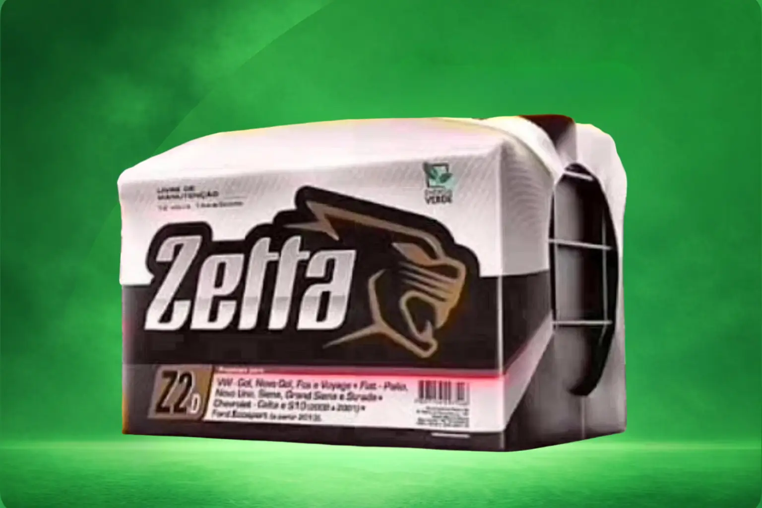 Bateria Zetta embalada sobre fundo verde