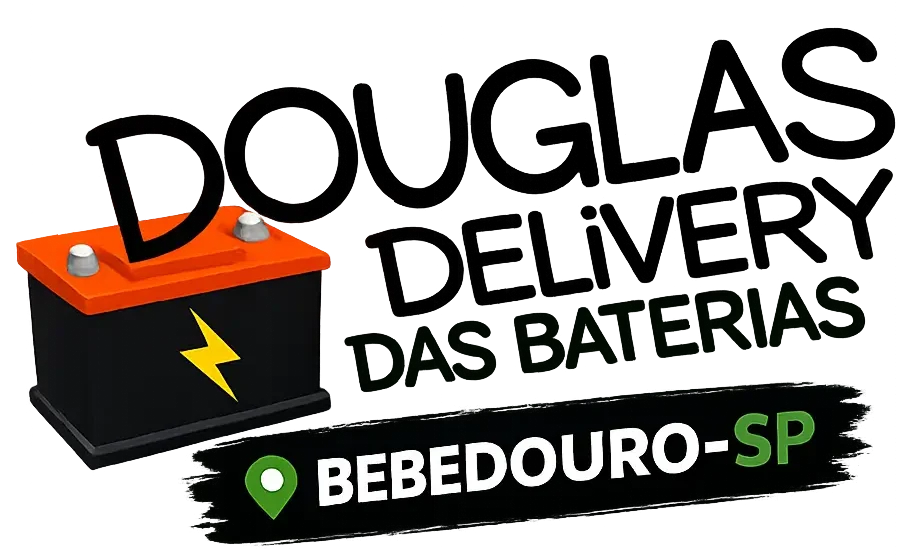 Logotipo Douglas Delivery das Baterias: bateria com raio, nome da marca e a faixa Bebedouro-SP
