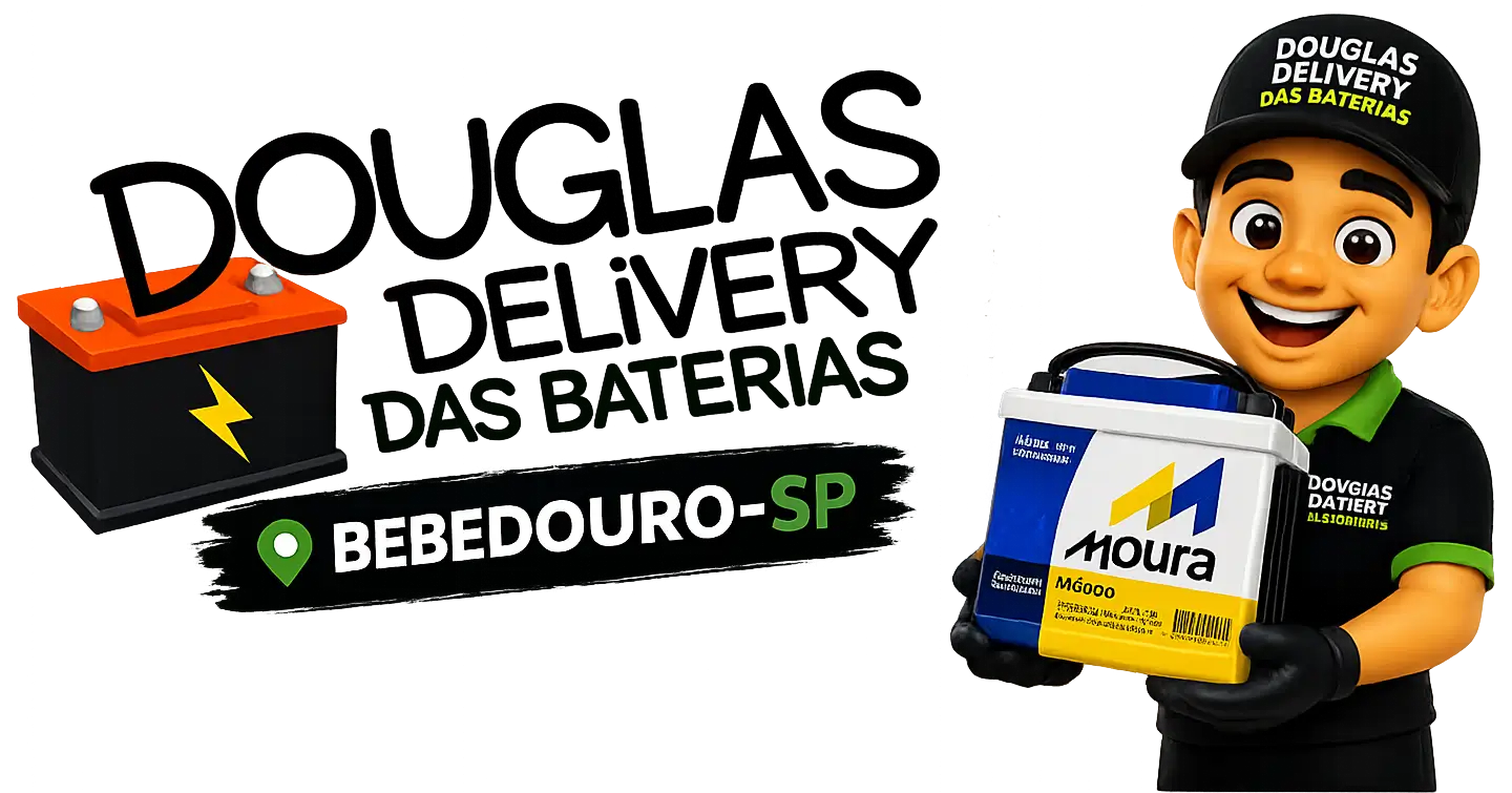 Logotipo Douglas Delivery das Baterias: entregador sorrindo com uma bateria, ao lado de uma bateria com raio e da faixa Bebedouro-SP